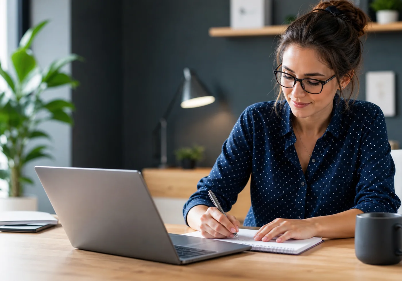 Uczestnik szkolenia online pracuje przy laptopie z notatkami